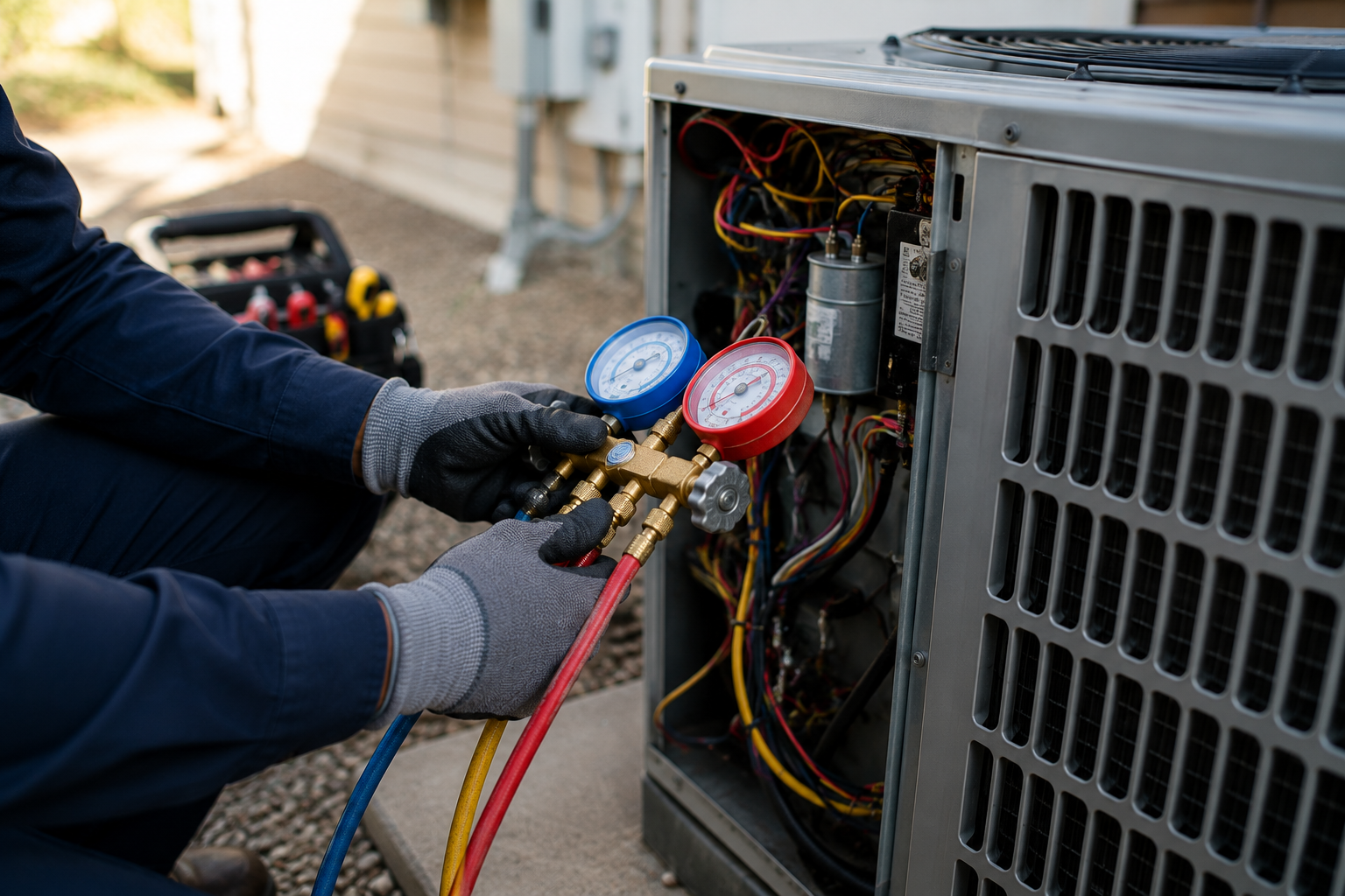 HVAC technician working on AC unit